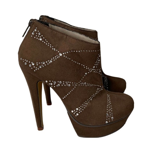 Womens MICHAEL ANTONIO Brown Rhinestone Studded Platform Ankle Booties Heels 7 - Picture 1 of 11